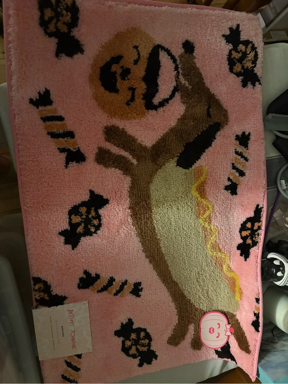 Betsey Johnson Pink Hot Dog Novelty Bath Rug with Black & Tan Accents